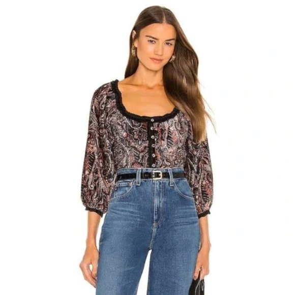 Free People Tops - Free People Blue Floral Paisley Printed Velvet Puff Sleeve Smocked Top